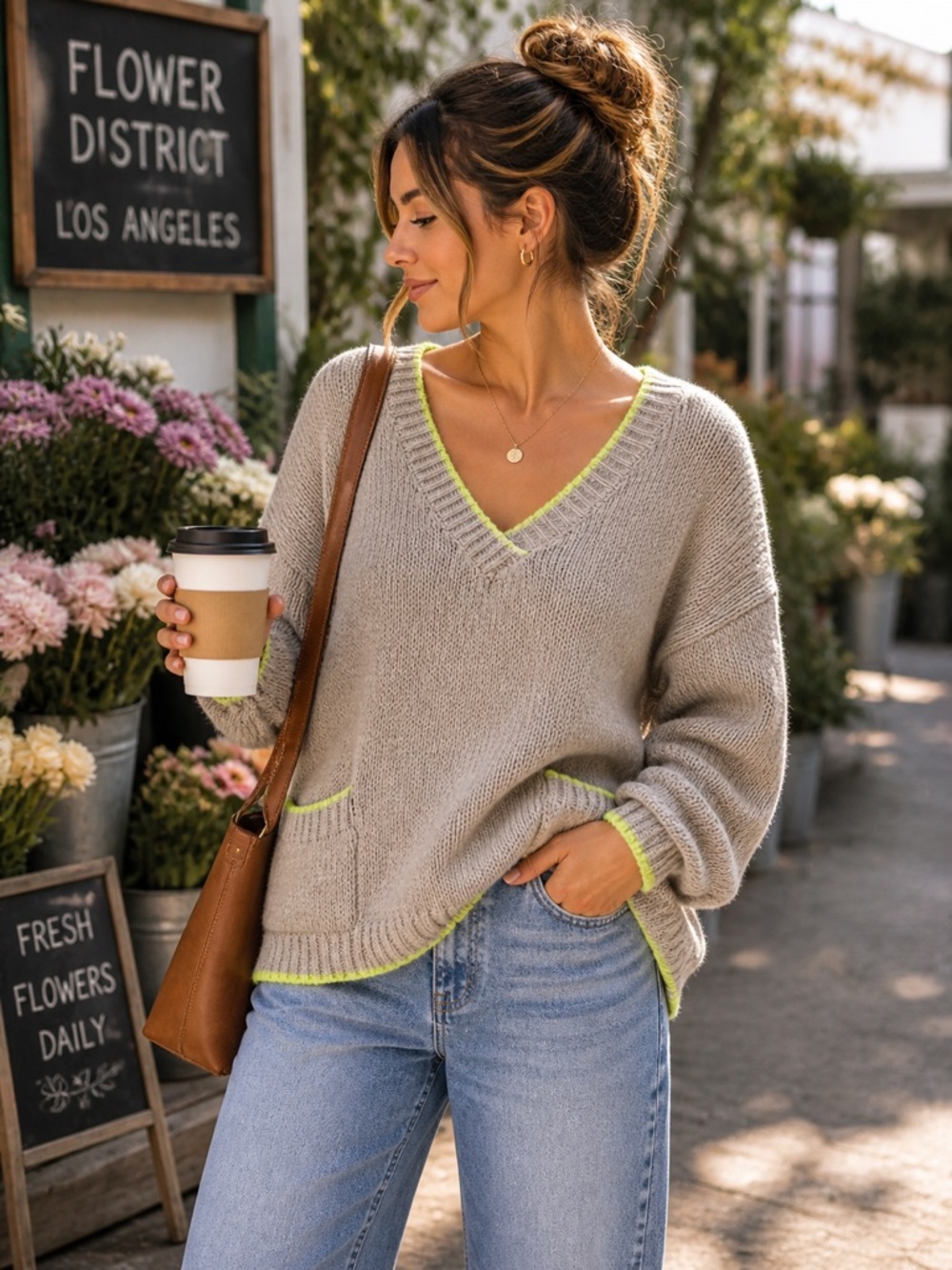 SHEIN Oversized Beige V-Neck Pocket Sweater with Neon Trim